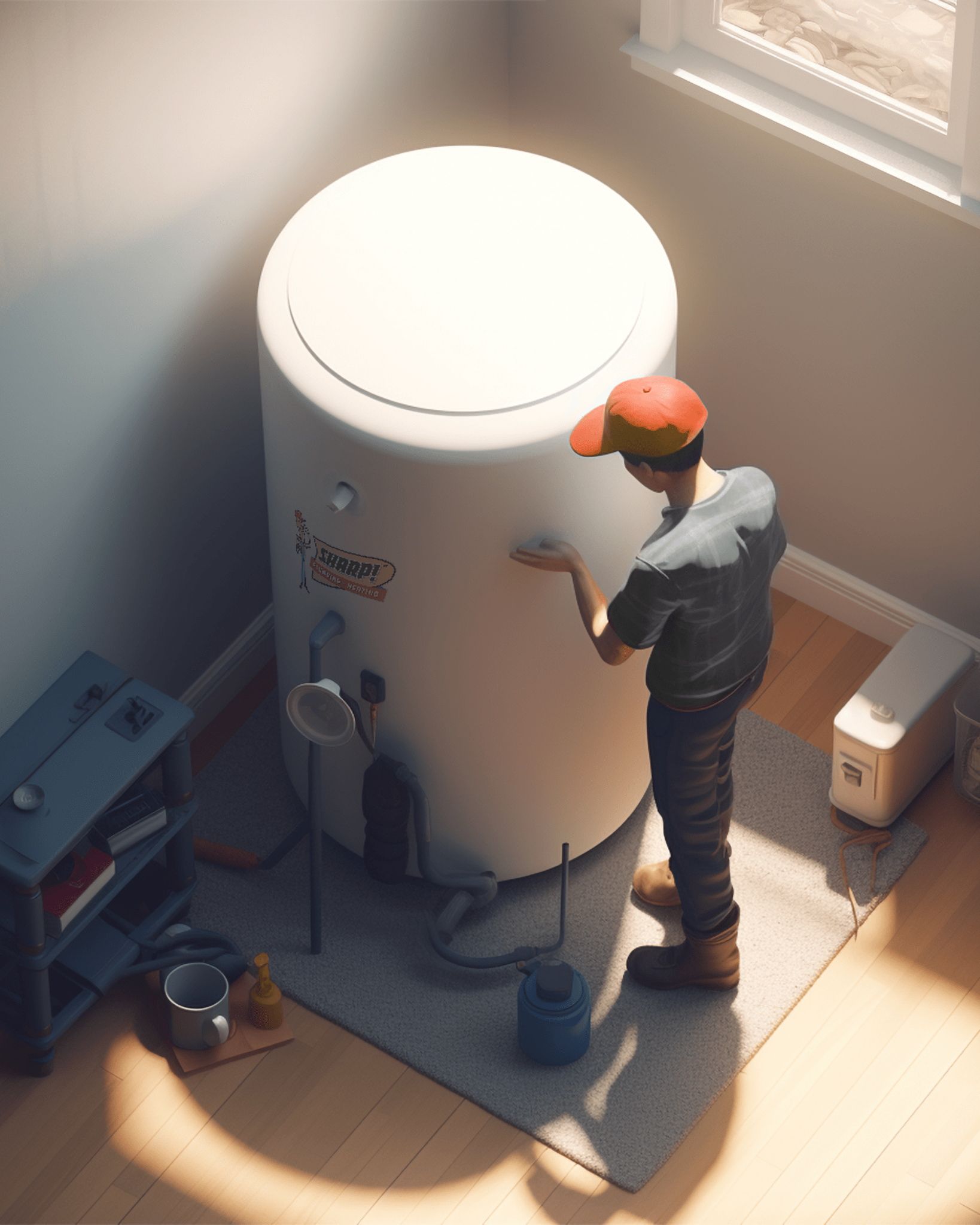 Sharp Plumbing Technician working on a water heater 3d illustration