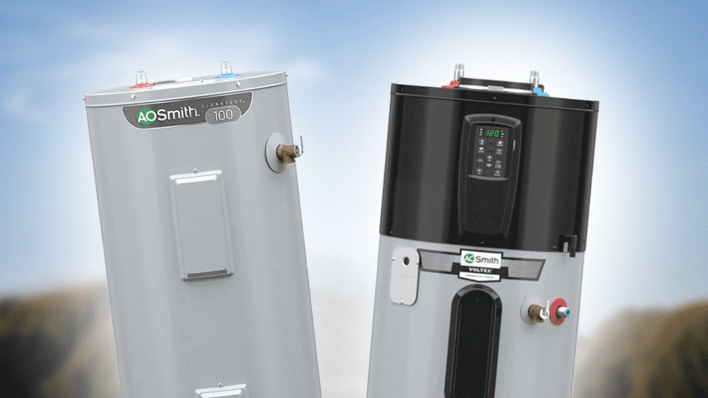 Hybrid and Electric AO Smith Water Heaters in a beautiful mountain background